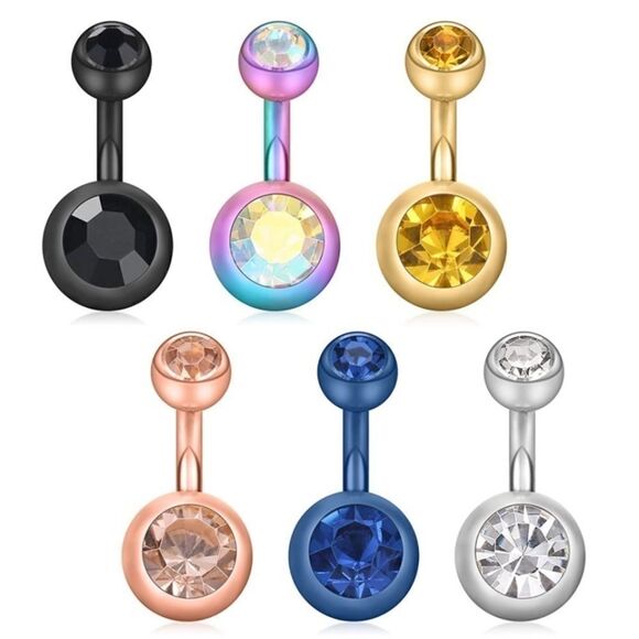 14G 6mm 316L Steel and Multicolor Cubic Zirconia Belly Rings - Set of 6